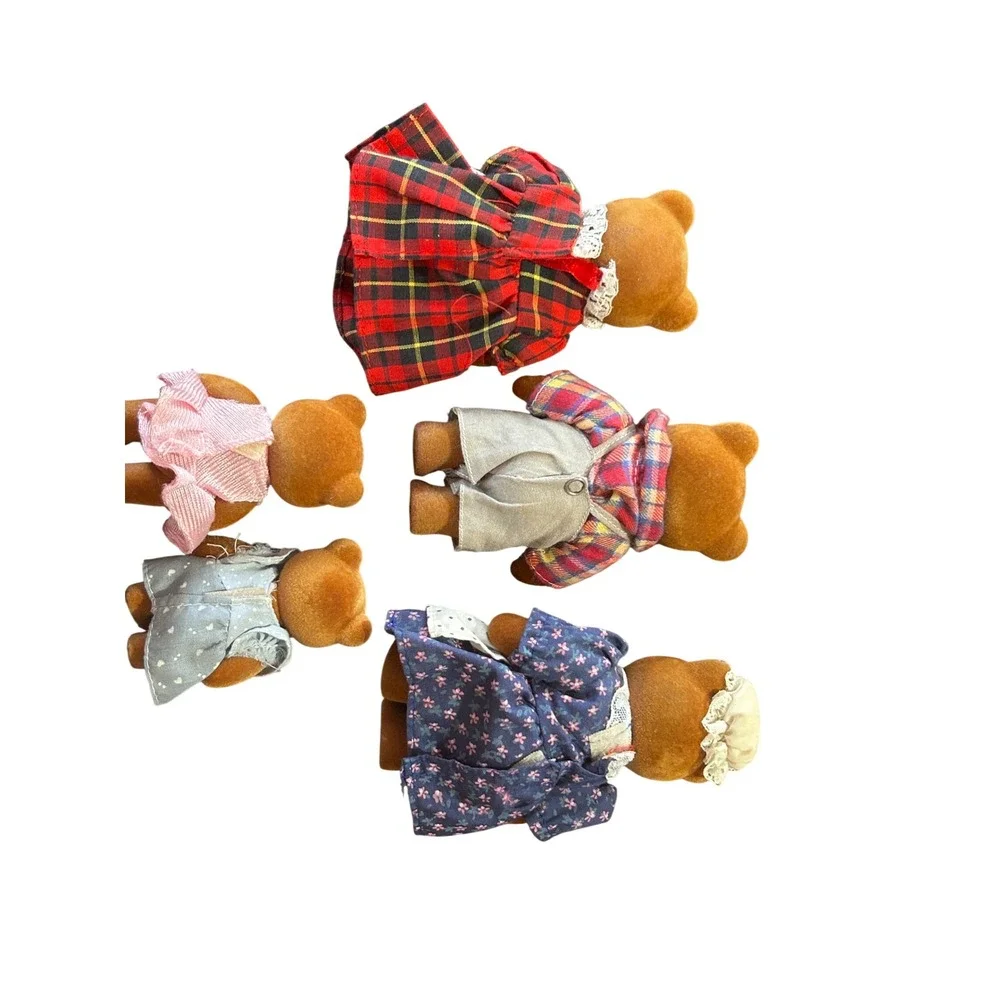Vintage‎ Applause Flocked Bear Family Set 5 Figures 1980s Retro Toys Brown Red